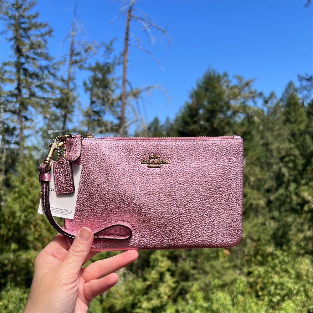 COACH Small Corner Zip Wristlet Wallet Pink Metallic Pebble Leather C7215 NWT